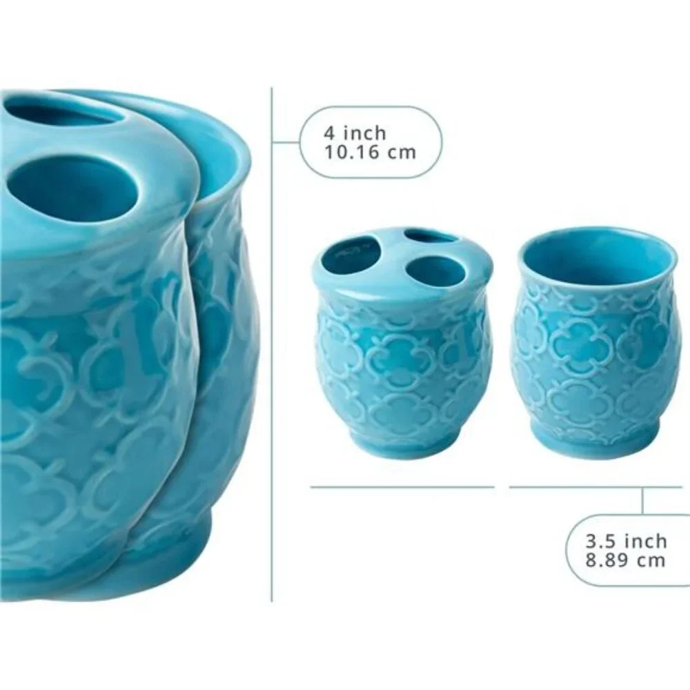 Blue Ceramic Bathroom Accessory Set 4 Piece Soap Dish Toothbrush Holder Tumbler
